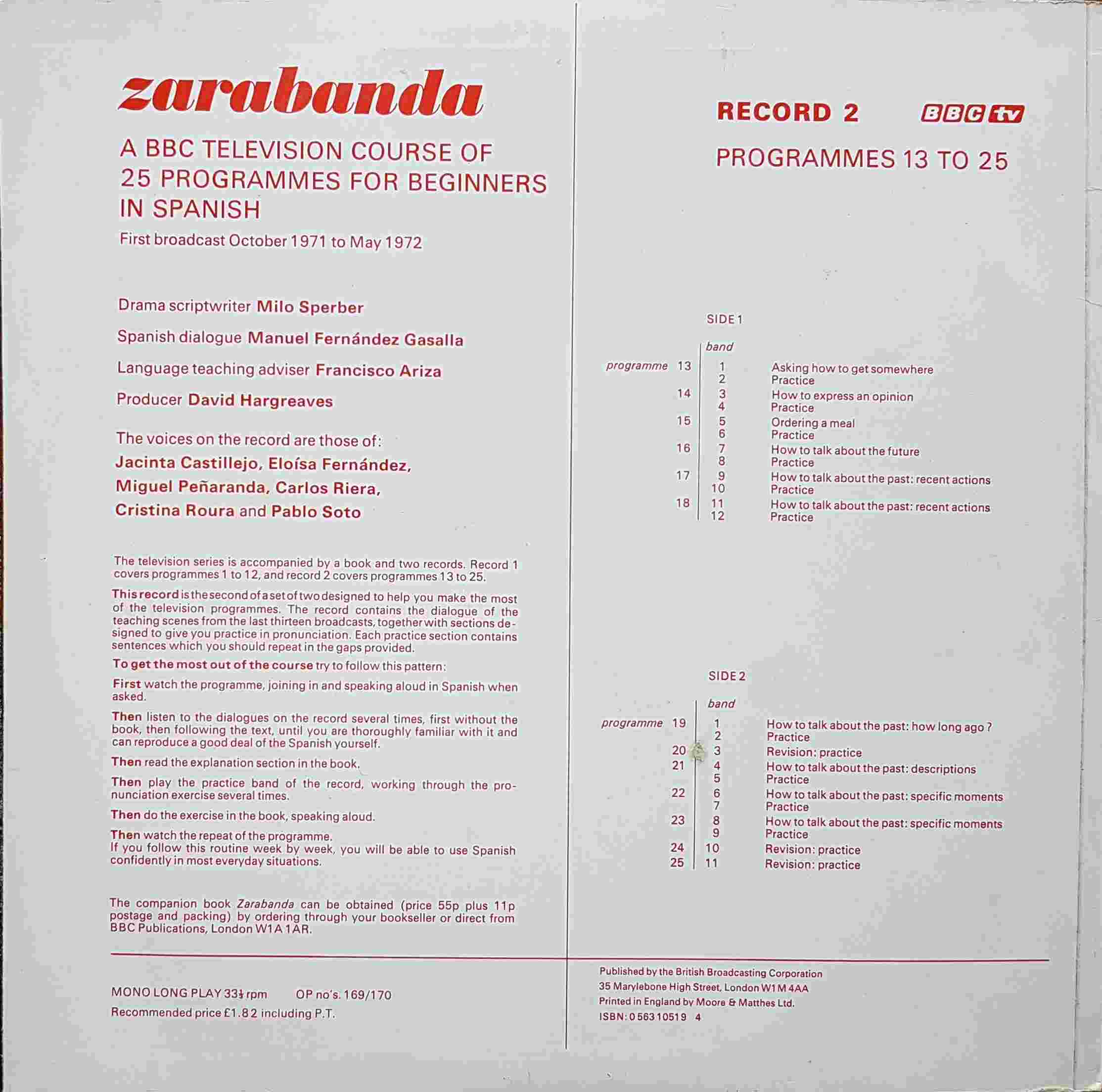 Picture of OP 169/170 Zarabanda - A BBC Television course of 25 programmes for beginners in Spanish - Record 2 - Programmes 13 - 25 by artist Milo Sperber / Manuel Fernandez Gasalla from the BBC records and Tapes library